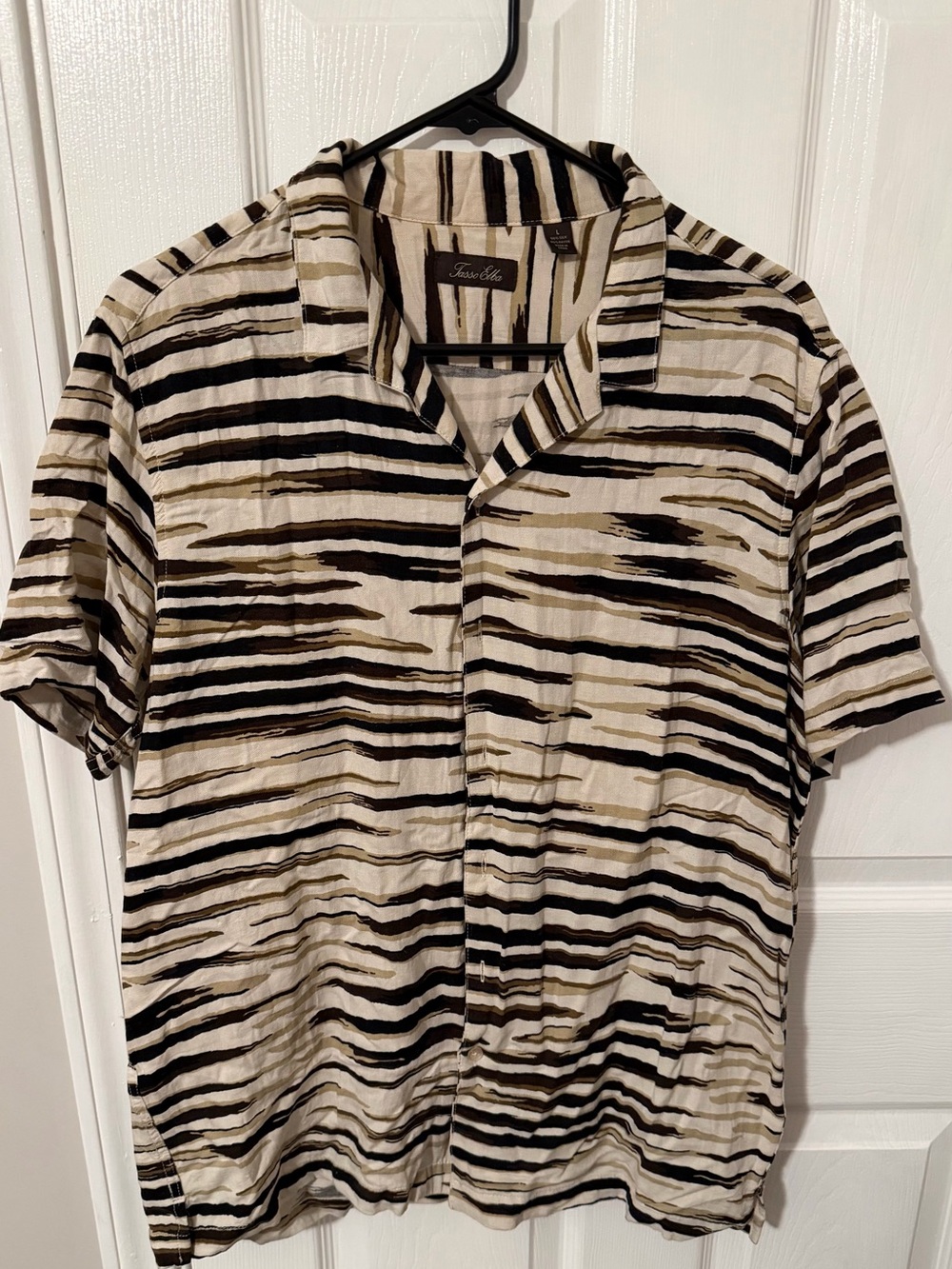 Tasso Elba Beige, Black & Brown Striped Short-Sleeve Button-Down Shirt